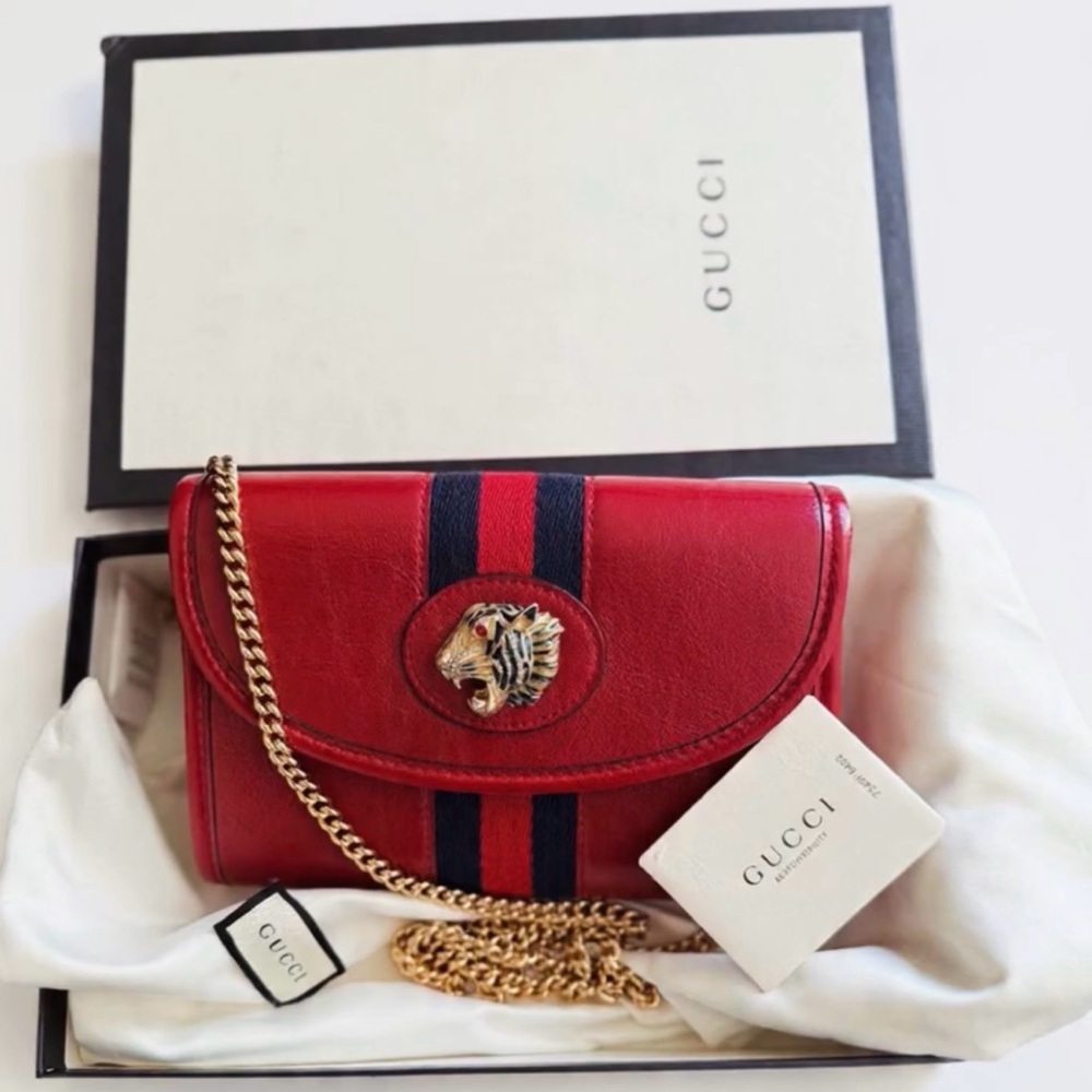 Gucci Red Leather Crossbody with Navy Web and Gold Tiger Emblem